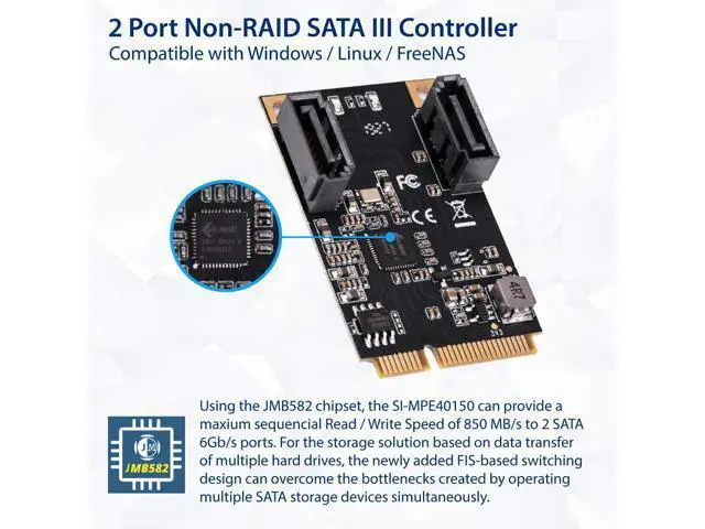 Alt view image 3 of 4 - Vszerda M.2 22x42 PCIe Interface to 2 Port SATA III Expansion Card Jmicro JMB582 Chipset, Add Two SATA 3.0 Ports to Any M.2 M-Key Slot SI-MPE40150