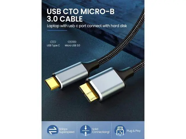Alt view image 3 of 7 - Vszerda USB Micro B to USB Type C Cable 10 Gbps Fast Data Transfer Cord 3A Quick Charge Compatible with MacBook, iPad, Galaxy S24, Laptop, External Hard Drive - Nylon Black Wire 3.0 M / 9.8 Feet