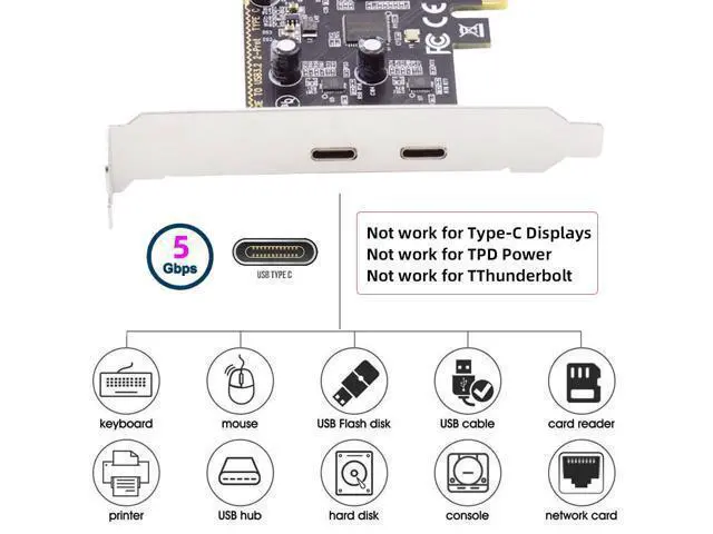 Alt view image 7 of 7 - Vszerda 5Gbps USB3.1 Gen1 Dual Type-C USB-C Female to PCI-E Express 1x Card Adapter ASM1042 Chipset with Low Profile Bracket