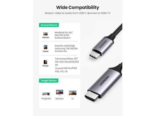 Alt view image 2 of 7 - UGREEN USB C to HDMI Cable (4K@60Hz) 10FT, Type C to HDMI Adapter Thunderbolt 4/3 to HDMI for Home Office Compatible with iPhone 17 Pro Max, MacBook Pro Air iPad Pro, XPS, Galaxy S25, Steam Deck