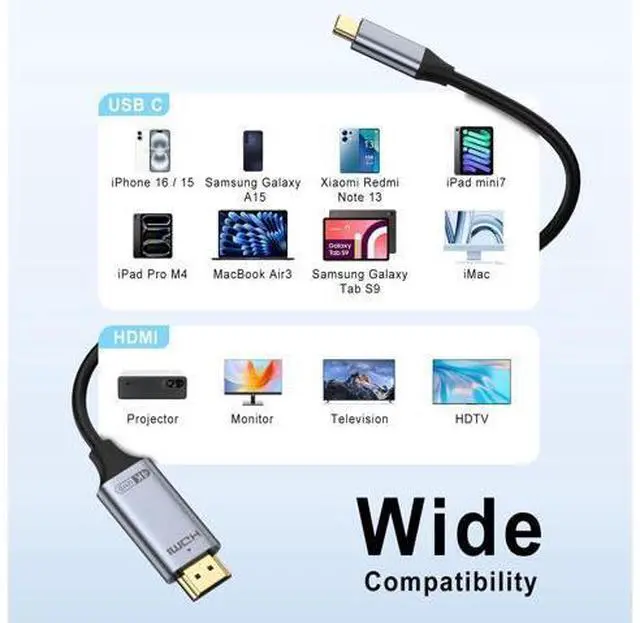 Alt view image 2 of 14 - Vszerda USB C to HDMI Cable 6.6FT 4K 60Hz, Gold-Plated High-Speed USB Type C to HDMI 2.0 Cord, Thunderbolt 3/4/5 Compatible for iPhone 16/15 Series, MacBook, iMac, iPad Pro, Galaxy S8 to S23, Surface