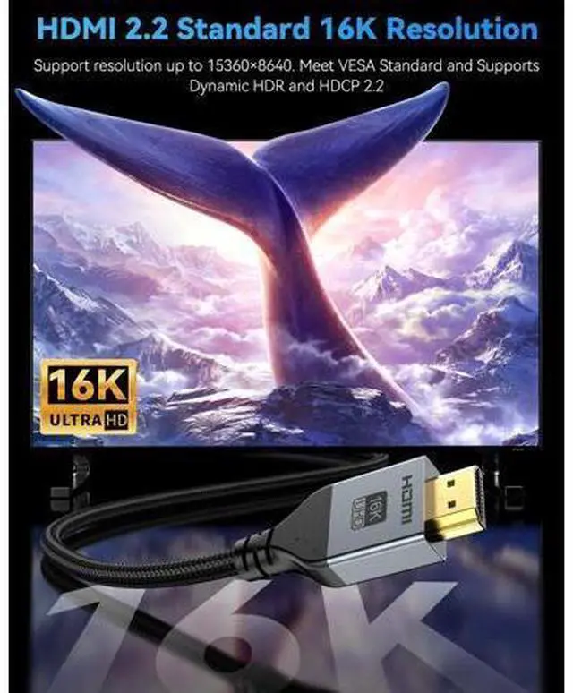 Alt view image 2 of 6 - Vszerda 16K 8K HDMI Cable 96Gbps 6.6 FT, Ultra High Speed HDMI 2.2 Cable 16K@60Hz 8K@120Hz 4K@480Hz HDCP 2.2&2.3, Dynamic HDR, eARC,DTS:X, Compatible with Roku TV/HDTV/PS5/Blu-ray/Projector
