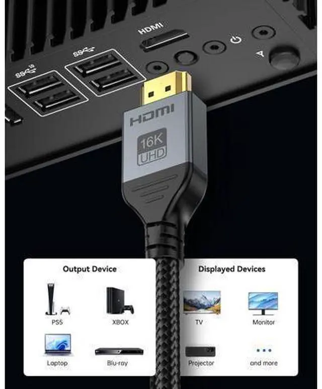 Alt view image 5 of 6 - Vszerda 16K 8K HDMI Cable 96Gbps 6.6 FT, Ultra High Speed HDMI 2.2 Cable 16K@60Hz 8K@120Hz 4K@480Hz HDCP 2.2&2.3, Dynamic HDR, eARC,DTS:X, Compatible with Roku TV/HDTV/PS5/Blu-ray/Projector