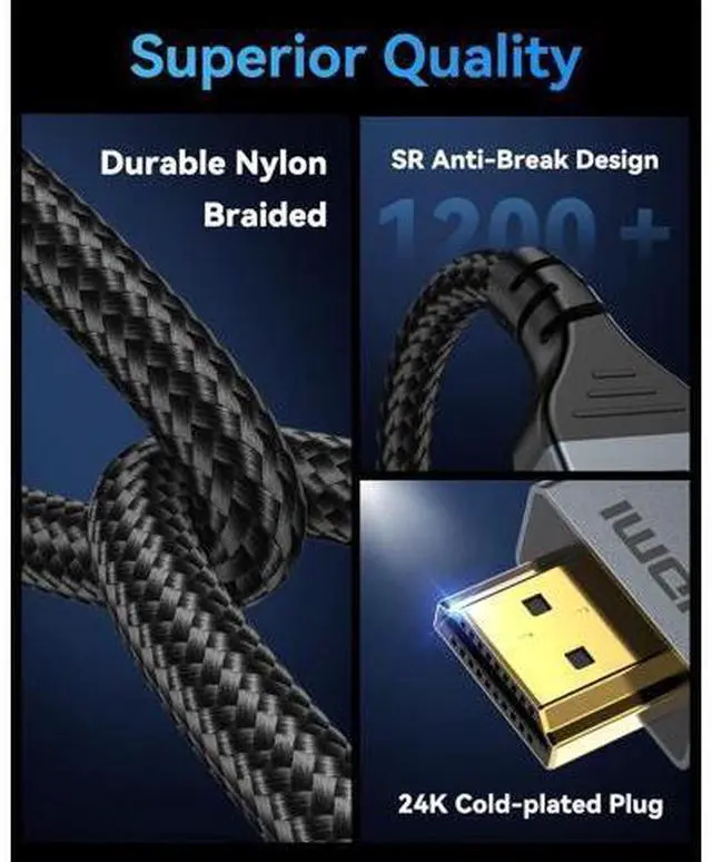 Alt view image 6 of 6 - Vszerda 16K 8K HDMI Cable 96Gbps 6.6 FT, Ultra High Speed HDMI 2.2 Cable 16K@60Hz 8K@120Hz 4K@480Hz HDCP 2.2&2.3, Dynamic HDR, eARC,DTS:X, Compatible with Roku TV/HDTV/PS5/Blu-ray/Projector