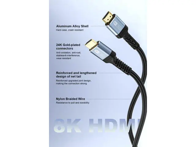 Alt view image 7 of 7 - 10K 8K 4K HDMI 2.1 Cable 8ft, 48Gbps Ultra High Speed HDMI Cable Braided Cord-8K@60Hz 4K@120Hz, Dynamic HDR, eARC, HDCP 2.2&2.3, 3D, for TV/Laptop/Monitor/PS5/Xbox/Projector/Entertainment/Sound System
