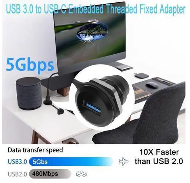 Alt view image 3 of 7 - Vszerda USB 3.0 to USB C Embedded Threaded Fixed Adapter 5Gbps USB 3.0 Female to USB C Female Panel Mount Converter Connector USB 3.0 to USB C Round Connector Socket, with Waterproof Dust Cap
