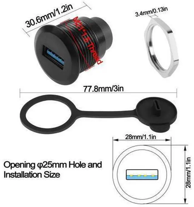 Alt view image 6 of 7 - Vszerda USB 3.0 to USB C Embedded Threaded Fixed Adapter 5Gbps USB 3.0 Female to USB C Female Panel Mount Converter Connector USB 3.0 to USB C Round Connector Socket, with Waterproof Dust Cap