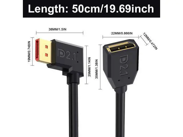 Alt view image 6 of 6 - Vszerda 54Gbps Displayport Extension Cable 1.5FT, 90 Degree Left Angle, 16K@30Hz, 8K@120Hz, 4K@240Hz 165Hz, Displayport 2.1 Male to Female Cable Support HDR, HDCP for Gaming Monitor, TV, Graphics