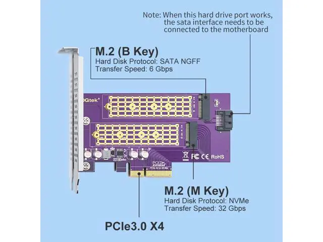 Alt view image 5 of 7 - Vszerda Dual-Port M.2 PCIe 3.0 x4 Adapter (M+B Key) | NVMe/AHCI/SATA SSD Support | 2230-2280 Sizing | Backward Compatible with PCIe 1.0/2.0
