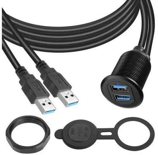 Main image of Vszerda Dual USB 3.0 Embedded Car Waterproof Cable 2 USB3.0 Male to 2 Female Threaded Fixed Mount Extension Cable, LED Light Aluminium Housing, for Instrument Panel Car Boat Motorbike, 2M/6.5ft