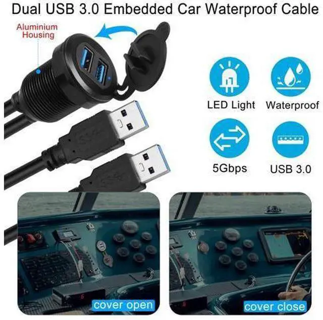 Alt view image 3 of 7 - Vszerda Dual USB 3.0 Embedded Car Waterproof Cable 2 USB3.0 Male to 2 Female Threaded Fixed Mount Extension Cable, LED Light Aluminium Housing, for Instrument Panel Car Boat Motorbike, 2M/6.5ft