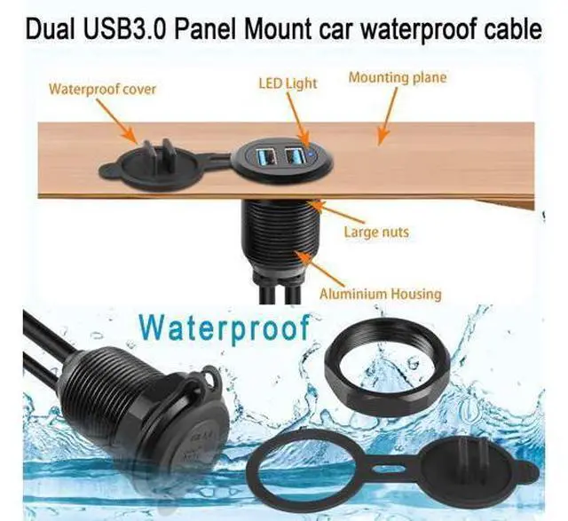 Alt view image 4 of 7 - Vszerda Dual USB 3.0 Embedded Car Waterproof Cable 2 USB3.0 Male to 2 Female Threaded Fixed Mount Extension Cable, LED Light Aluminium Housing, for Instrument Panel Car Boat Motorbike, 2M/6.5ft