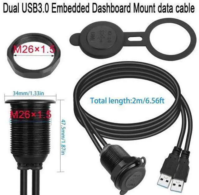 Alt view image 6 of 7 - Vszerda Dual USB 3.0 Embedded Car Waterproof Cable 2 USB3.0 Male to 2 Female Threaded Fixed Mount Extension Cable, LED Light Aluminium Housing, for Instrument Panel Car Boat Motorbike, 2M/6.5ft