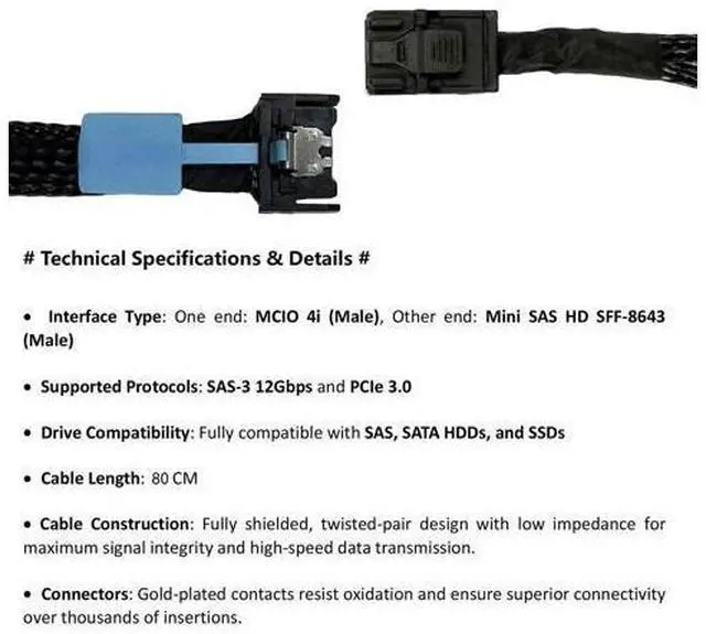 Alt view image 3 of 5 - Vszerda MCIO 4i to Mini SAS HD SFF-8643 Internal Cable, 12Gbps MCIO 4X(SFF-TA-1002) to SFF-8643 High Speed Data Cable for Server, HBA RAID Card, Backplane, NAS (80cm)