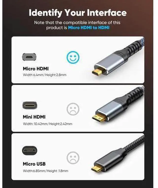 Alt view image 3 of 7 - Vszerda 4K Micro HDMI to HDMI Cable 10 FT, 4K@60Hz, Micro HDMI Cord HDR Compatible for DSLR Camera, Raspberry Pi, GoPro Hero to TV, Laptop, Computer, Monitor, for Video, Audio, Image, Streaming