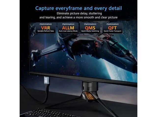 Alt view image 4 of 7 - Vszerda 16K 8K HDMI 2.2 Cable 96Gbps 6.6FT/2M, Ultra High Speed HDMI Gaming Cord Support 4K@480Hz 8K@240Hz, HDCP 2.2&2.3, Dynamic HDR, eARC,DTS:X, Compatible with PC/Monitor TV/HDTV/PS5/Blu-ray