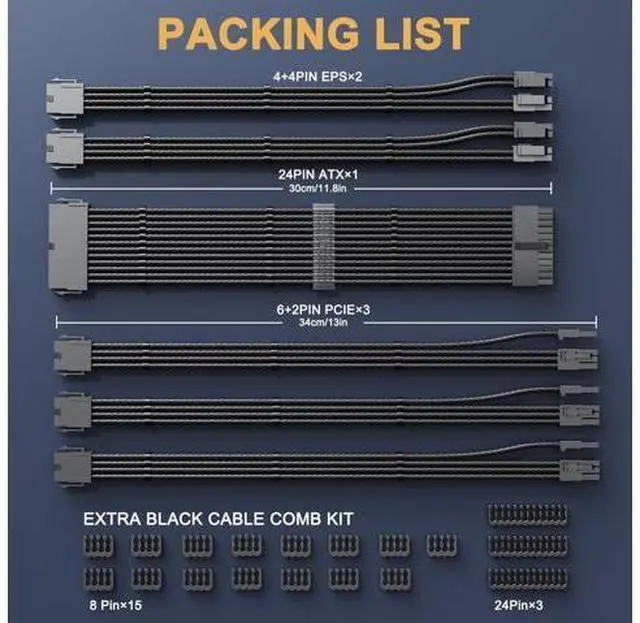 Alt view image 7 of 7 - Vszerda PSU Cable Extension Kit 18AWG Power Supply Cables (1x 24Pin ATX / 2X 8Pin EPS / 3X 8Pin PCIE), 12in GPU Extensions, Pre-Bent Design & Dual Cable Combs (Black Nylon Braided)