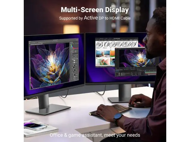 Alt view image 6 of 7 - UGREEN 4K@60Hz DisplayPort to HDMI Cable HDR Active DP 1.2 to HDMI 2.0 Cord Aluminum Braided Uni-Directional Display Port to HDMI Converter 6.6FT Compatible with Monitor, Projector, Dell, Lenovo, HP
