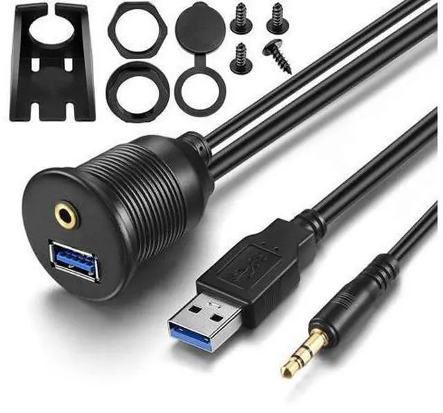 Main image of Vszerda USB Flush Mount - 1M 3ft 3.5mm & USB 3.0 AUX Extension, Dash & Panel Mount Cable for Car, Boat, Motorcycle