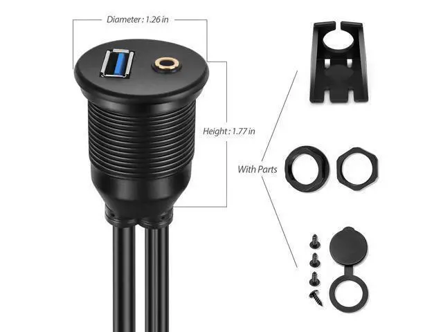 Alt view image 6 of 7 - Vszerda USB Flush Mount - 1M 3ft 3.5mm & USB 3.0 AUX Extension, Dash & Panel Mount Cable for Car, Boat, Motorcycle