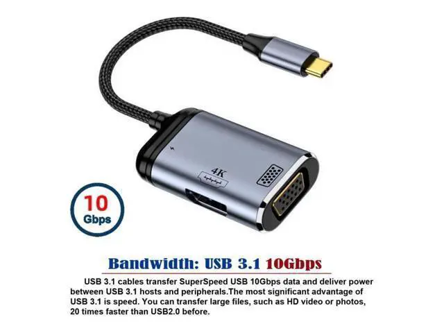 Alt view image 3 of 6 - Vszerda Type C USB3.1 USB-C to HDMI VGA Converter HDTV Multiport Displays Adapter 4K 60hz 1080p with Female PD 100W Power Port