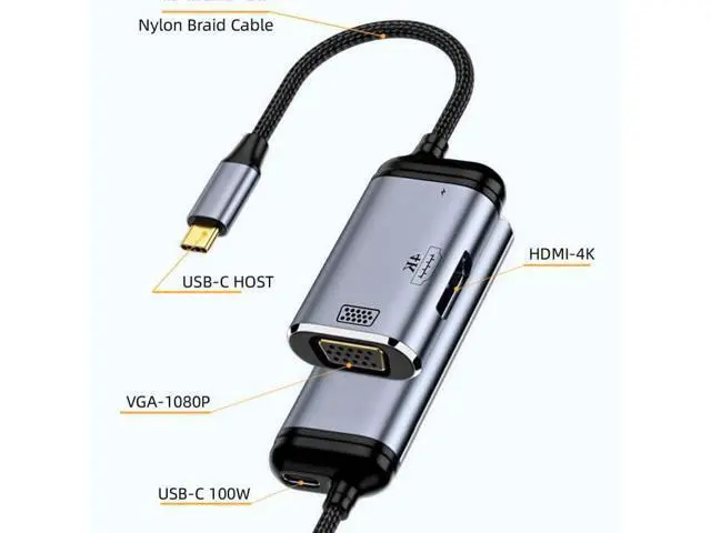 Alt view image 2 of 6 - Vszerda Type C USB3.1 USB-C to HDMI VGA Converter HDTV Multiport Displays Adapter 4K 60hz 1080p with Female PD 100W Power Port