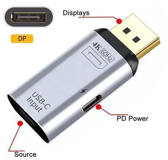 Alt view image 6 of 7 - Vszerda USB-C Type C Female Source to Displayport DP Sink HDTV & PD Power Adapter 4K 60hz 1080p for Phone & Laptop