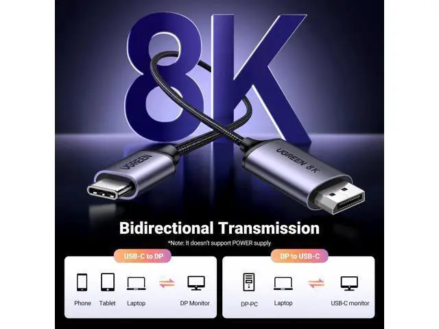 Alt view image 2 of 7 - UGREEN Bidirectional USB C to DisplayPort 1.4 Cable 8K@60Hz 4K@240Hz DisplayPort to USB C Thunderbolt 4 Cord Alu Braided Compatible iPhone 17 Pro Max, Galaxy S25, MacBook Pro/Air, iPad, XPS 17, 6.6FT