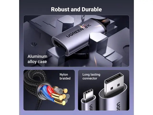 Alt view image 6 of 7 - UGREEN Bidirectional USB C to DisplayPort 1.4 Cable 8K@60Hz 4K@240Hz DisplayPort to USB C Thunderbolt 4 Cord Alu Braided Compatible iPhone 17 Pro Max, Galaxy S25, MacBook Pro/Air, iPad, XPS 17, 6.6FT