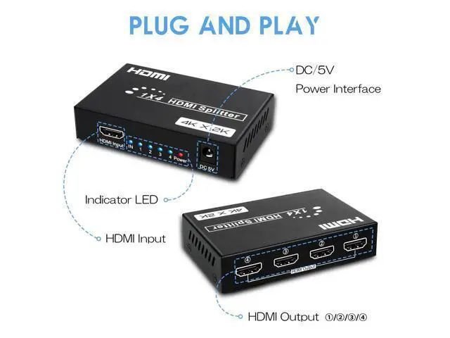 Alt view image 4 of 6 - Vszerda HDMI Splitter 1 in 4 Out, 4 Ports HDMI Splitter 4K@30Hz with Power Adapter, Support EDID 3D HD Distributor for PS4 Xbox Fire Stick HDTV
