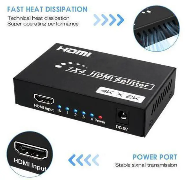 Alt view image 5 of 6 - Vszerda HDMI Splitter 1 in 4 Out, 4 Ports HDMI Splitter 4K@30Hz with Power Adapter, Support EDID 3D HD Distributor for PS4 Xbox Fire Stick HDTV