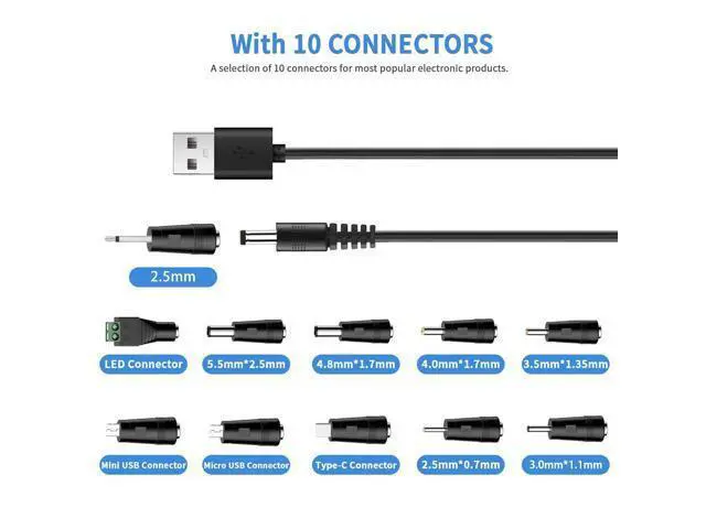 Alt view image 3 of 7 - Vszerda Universal Charger Power Core, 5V USB to DC 5.5x2.1mm, Charging Cable with 11 Connectors (Micro-USB, Type-C, Mini USB, 2.5x0.7, 3.0x1.1, 3.5x1.35, 4.0x1.7, 4.8x1.7, 5.5x2.52.5mm), 3.3FT