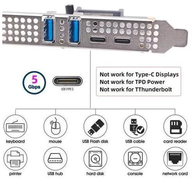 Alt view image 7 of 14 - Vszerda USB3.1 Gen1 5Gbps Dual Type-A & Type-C USB-C Female to PCI-E Card Adapter USB PCI-E Express 1x uPD720201 with Low Profile Bracket