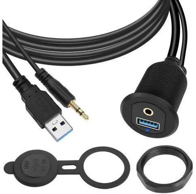 Main image of Vszerda USB3.0 & 3.5mm Audio Threaded Fixed Embedded Car Waterproof Cable 5Gbps TRS 3.5mm & USB3.0 Dashboard Panel Mount Extension Cable, LED Lights, Al Housing, for Car Boat Motorbike,2M/6.5ft