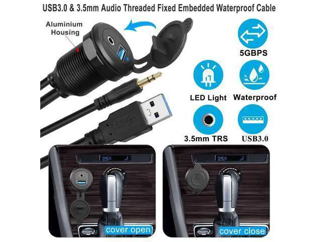 Alt view image 2 of 7 - Vszerda USB3.0 & 3.5mm Audio Threaded Fixed Embedded Car Waterproof Cable 5Gbps TRS 3.5mm & USB3.0 Dashboard Panel Mount Extension Cable, LED Lights, Al Housing, for Car Boat Motorbike,2M/6.5ft