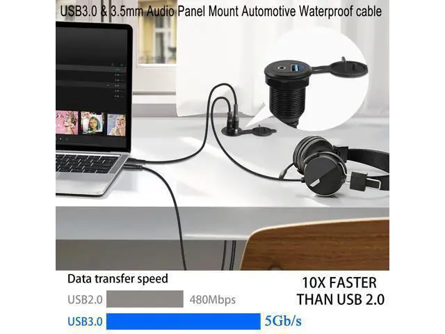 Alt view image 3 of 7 - Vszerda USB3.0 & 3.5mm Audio Threaded Fixed Embedded Car Waterproof Cable 5Gbps TRS 3.5mm & USB3.0 Dashboard Panel Mount Extension Cable, LED Lights, Al Housing, for Car Boat Motorbike,2M/6.5ft