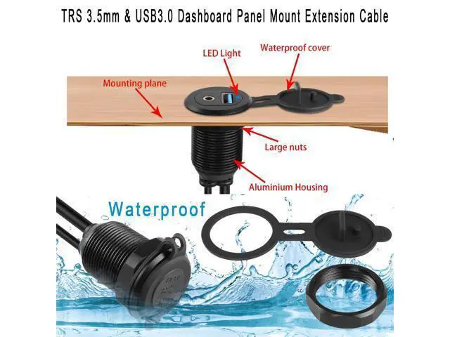Alt view image 4 of 7 - Vszerda USB3.0 & 3.5mm Audio Threaded Fixed Embedded Car Waterproof Cable 5Gbps TRS 3.5mm & USB3.0 Dashboard Panel Mount Extension Cable, LED Lights, Al Housing, for Car Boat Motorbike,2M/6.5ft