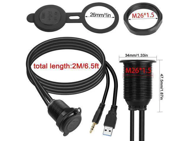 Alt view image 6 of 7 - Vszerda USB3.0 & 3.5mm Audio Threaded Fixed Embedded Car Waterproof Cable 5Gbps TRS 3.5mm & USB3.0 Dashboard Panel Mount Extension Cable, LED Lights, Al Housing, for Car Boat Motorbike,2M/6.5ft