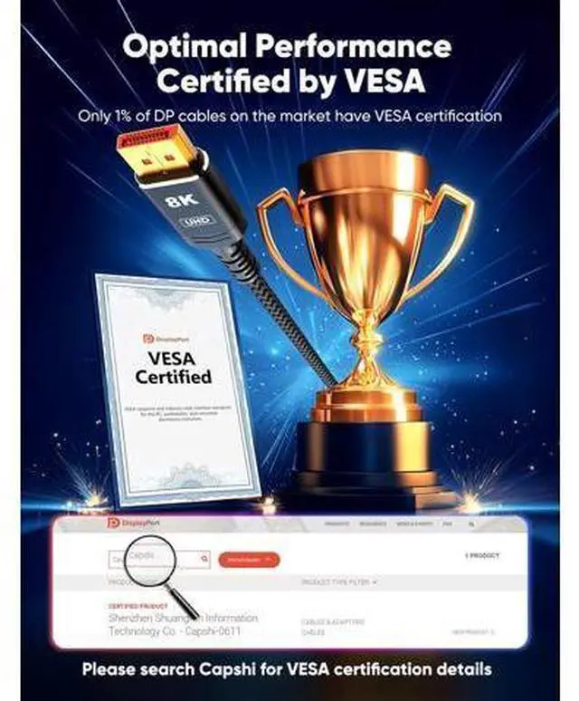 Alt view image 2 of 7 - Vszerda 8K 4K DisplayPort Cable 1.4, 20FT DP Cord ( 8K@60Hz, 4K@144Hz, 2K@240Hz/165Hz), 32.4Gbps High Speed Display Port Cable for Gaming Monitor, HDR/FreeSync/G-Sync, Braided, Black