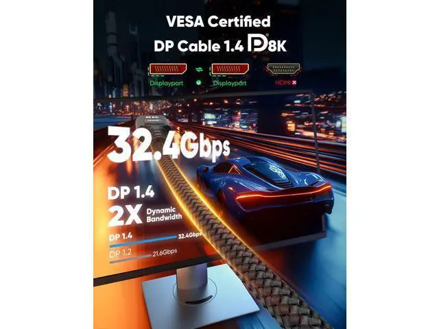 Alt view image 3 of 7 - Vszerda 8K 4K DisplayPort Cable 1.4, 20FT DP Cord ( 8K@60Hz, 4K@144Hz, 2K@240Hz/165Hz), 32.4Gbps High Speed Display Port Cable for Gaming Monitor, HDR/FreeSync/G-Sync, Braided, Black