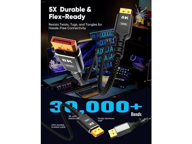 Alt view image 5 of 7 - Vszerda 8K 4K DisplayPort Cable 1.4, 20FT DP Cord ( 8K@60Hz, 4K@144Hz, 2K@240Hz/165Hz), 32.4Gbps High Speed Display Port Cable for Gaming Monitor, HDR/FreeSync/G-Sync, Braided, Black