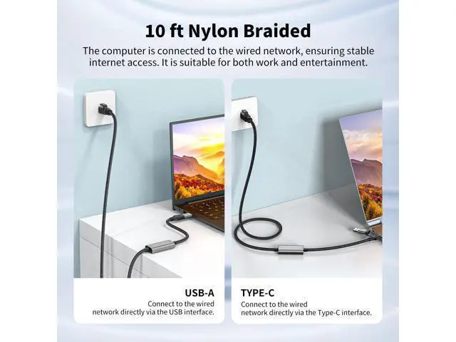 Alt view image 2 of 7 - Vszerda USB C to Ethernet Adapter 10FT, 2in1 USB-C/USB 3.0 to RJ45 Network Cord, 1000Mbps Gigabit Directly Connected, Ethernet Cable Type C Compatible for MacBook Pro,iPad Pro,Smartphone,Laptop,PC