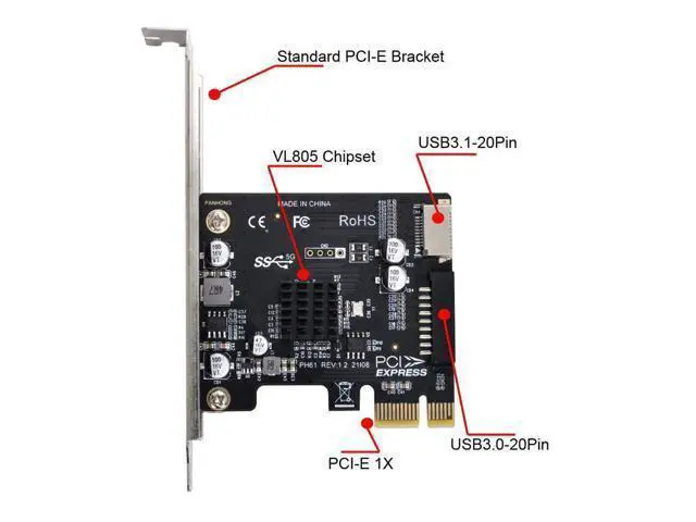 Alt view image 7 of 7 - Vszerda 5Gbps Type-E USB 3.1 Front Panel Socket & USB 2.0 to PCI-E 1X Express Card VL805 Adapter for Motherboard