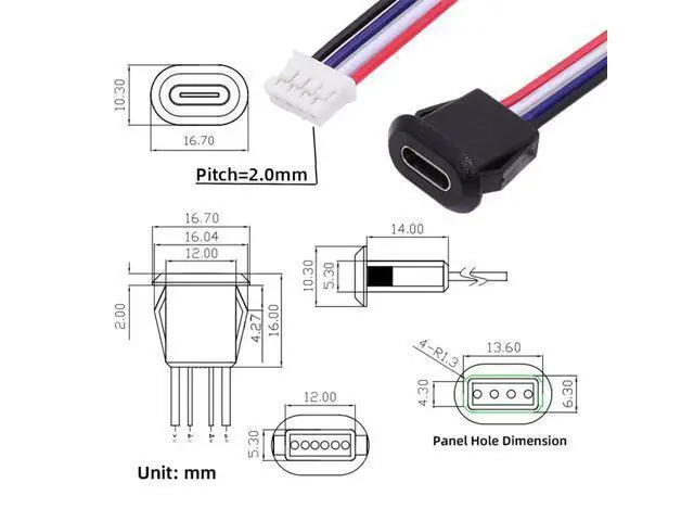 Alt view image 3 of 7 - Vszerda 5pcs/Set DIY OEM Type C Female Socket to 4Pin Header Cable Type-C to 4P Waterproof Terminal Wire with Pitch=2.0mm Latch Mount Type USB C Pigtail DC 5V Extension Power Cable