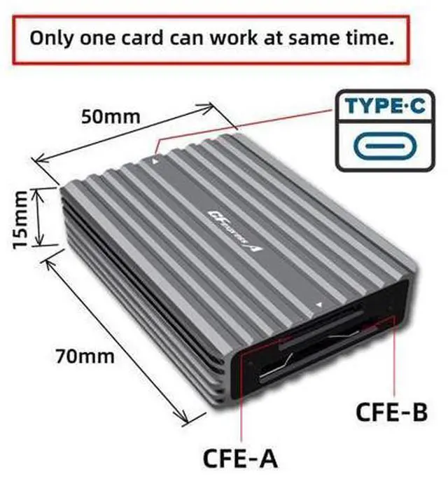 Alt view image 3 of 7 - Vszerda USB-C CFE Memory Card Adapter Hub, USB3.1 Type-C USB3.0 Type-A to CF Express Type-A & Type-B CFA R5 Z6 Z7 CFB Dual Slot Extension Card Reader