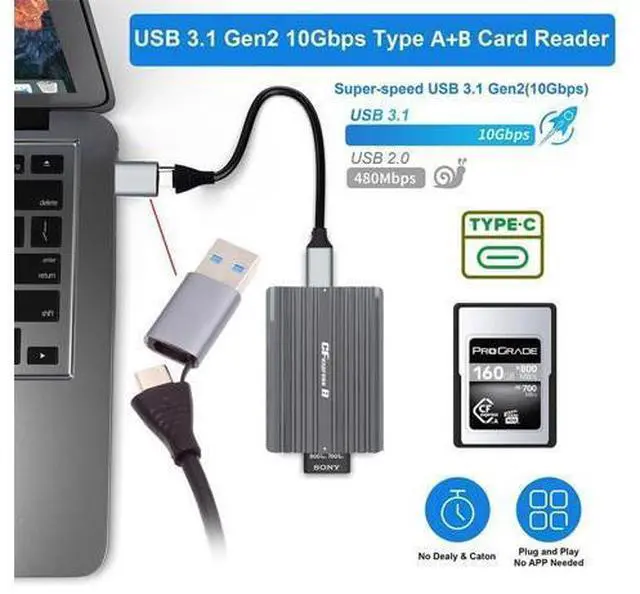 Alt view image 7 of 7 - Vszerda USB-C CFE Memory Card Adapter Hub, USB3.1 Type-C USB3.0 Type-A to CF Express Type-A & Type-B CFA R5 Z6 Z7 CFB Dual Slot Extension Card Reader