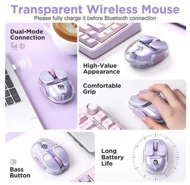 Alt view image 2 of 14 - Vszerda Q9 Chargeable Portable Silent 2.4GHz/Bluetooth Dual Mode Wireless Mouse, 4 Adjustable DPI,4800 DPI Optical Tracking Mouse with RGB Lighting, Compatible Win/Mac/Android/iOS(Purple)