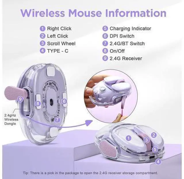 Alt view image 6 of 14 - Vszerda Q9 Chargeable Portable Silent 2.4GHz/Bluetooth Dual Mode Wireless Mouse, 4 Adjustable DPI,4800 DPI Optical Tracking Mouse with RGB Lighting, Compatible Win/Mac/Android/iOS(Purple)