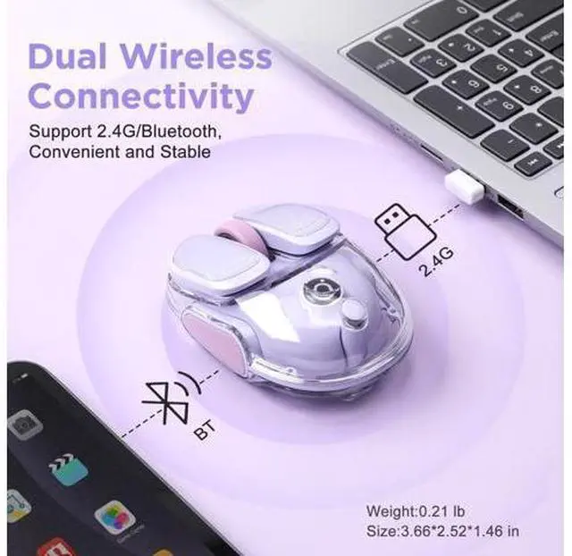 Alt view image 7 of 14 - Vszerda Q9 Chargeable Portable Silent 2.4GHz/Bluetooth Dual Mode Wireless Mouse, 4 Adjustable DPI,4800 DPI Optical Tracking Mouse with RGB Lighting, Compatible Win/Mac/Android/iOS(Purple)