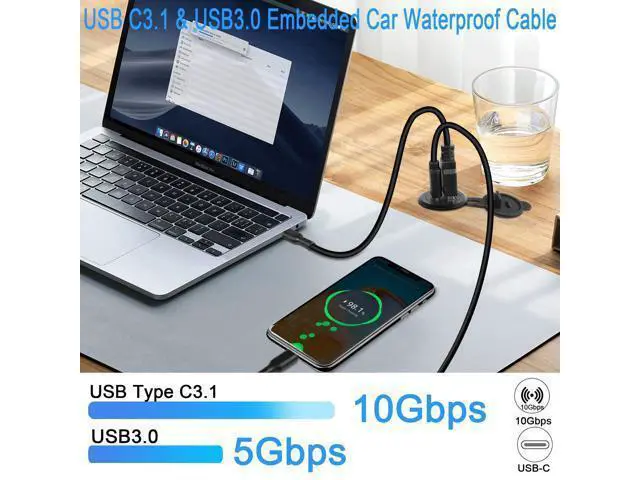 Alt view image 2 of 7 - Vszerda USB C3.1 & USB3.0 Embedded Car Waterproof Cable 10Gbps USB Type C 3.1 & USB3.0 Threaded Mounting Extension Cable, PD65W,Support 4K Video,LED,Al housing,for Dashboard car Boat Moto,2M/6.5ft